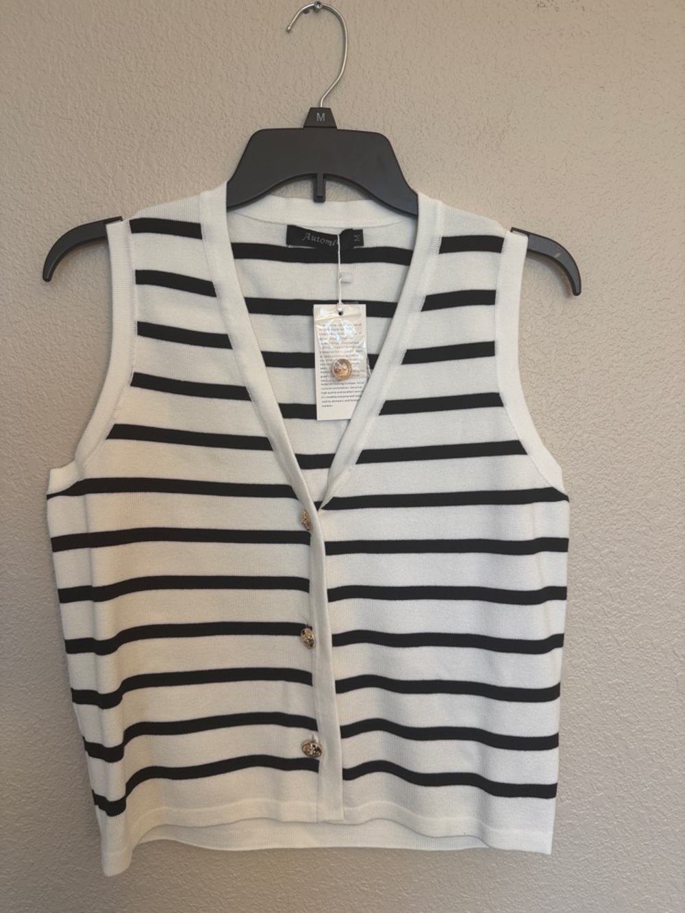Striped Sleeveless V-Neck Button Tank Top - White/Black